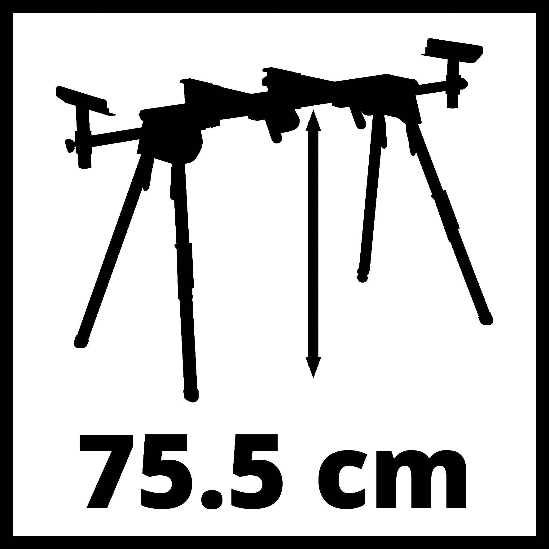 Wysokość statywu: 75,5 cm. Sylwetka rozkładanego statywu o regulowanej wysokości, przedstawiona za pomocą strzałki.