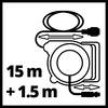 Czarno-białe piktogram kabla. Opisuje długość: '15 m + 1,5 m'. Przedstawia skręt kabla i wtyczkę.