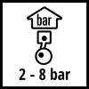 Symbol 'Bar' nad piktogramem tłoka, z tekstem '2 - 8 bar' wskazuje zakres ciśnienia roboczego.