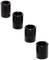 Cztery czarne nakrętki w różnych rozmiarach są ułożone na białym tle.