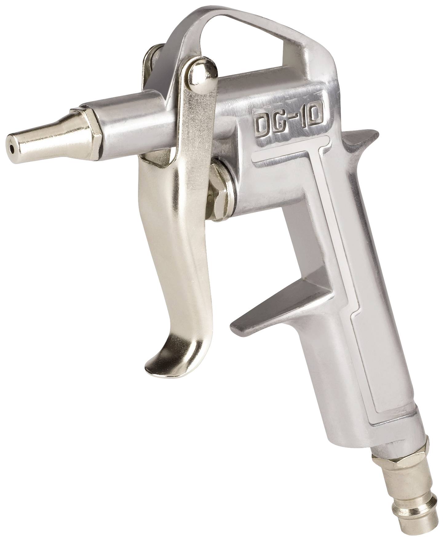Srebrny pistolet pneumatyczny z ergonomicznym uchwytem i spustem. Służy do wydmuchiwania brudu i kurzu.