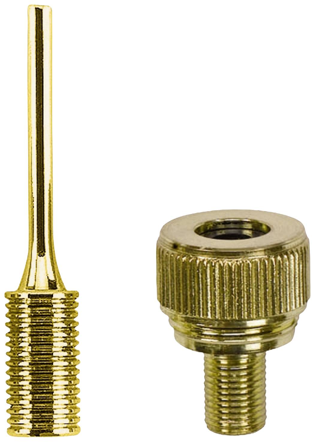 Dwa metalowe adaptery: po lewej cienki, żebrowany metalowy element; po prawej żebrowana część gwintowana do łączenia lub pompowania.