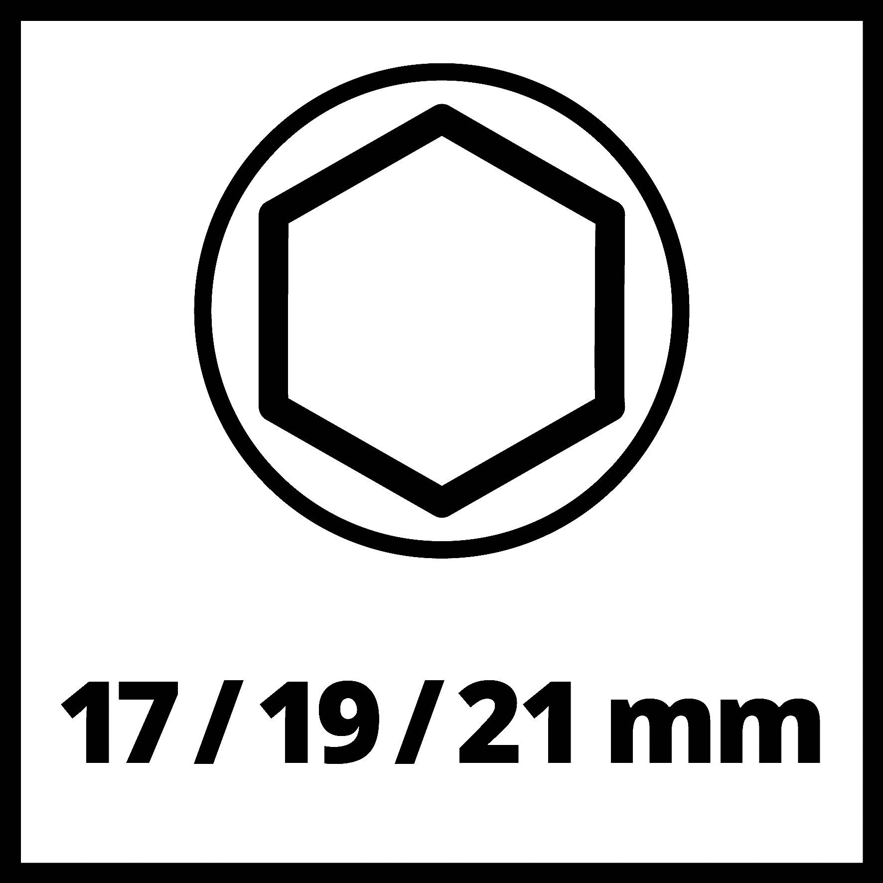 'Symbol klucza płaskiego w kształcie sześciokąta z podanym rozmiarem 17/19/21 mm poniżej.'