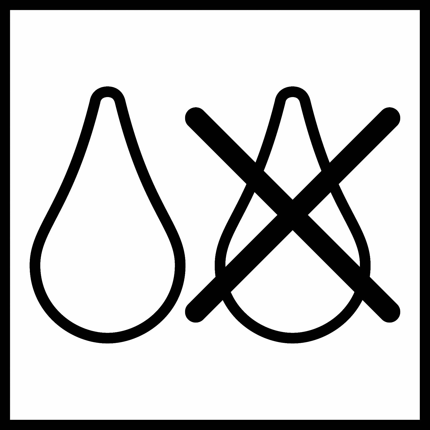 Symbol pokazuje dwa krople wody, z których jeden jest przekreślony krzyżykiem, co oznacza 'nie mokry'.
