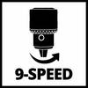 Sylwetka wiertła na tle zakrzywionej strzałki. Poniżej napis '9-Speed', wskazujący na dziewięć stopni prędkości.