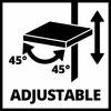 Piktogram przedstawia płytę, która może być uchylana o 45 stopni w lewo i w prawo, z pionową strzałką wskazującą regulację wysokości.