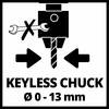 Bezkluczowe uchwyty wiertarskie Ø 0 - 13 mm oraz ilustracja uchwytu wiertarskiego z zakazem używania klucza, oznaczona symbolem przekreślenia.
