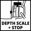 Pokazuje wiertarkę z regulacją głębokości; strzałka wskazuje skalę, tekst: Skala Głębokości + Stop.