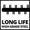 Obraz przedstawia symbol ze stylizowanym prętem stalowym oraz tekstem 'LONG LIFE HIGH-GRADE STEEL', podkreślającym trwałość.