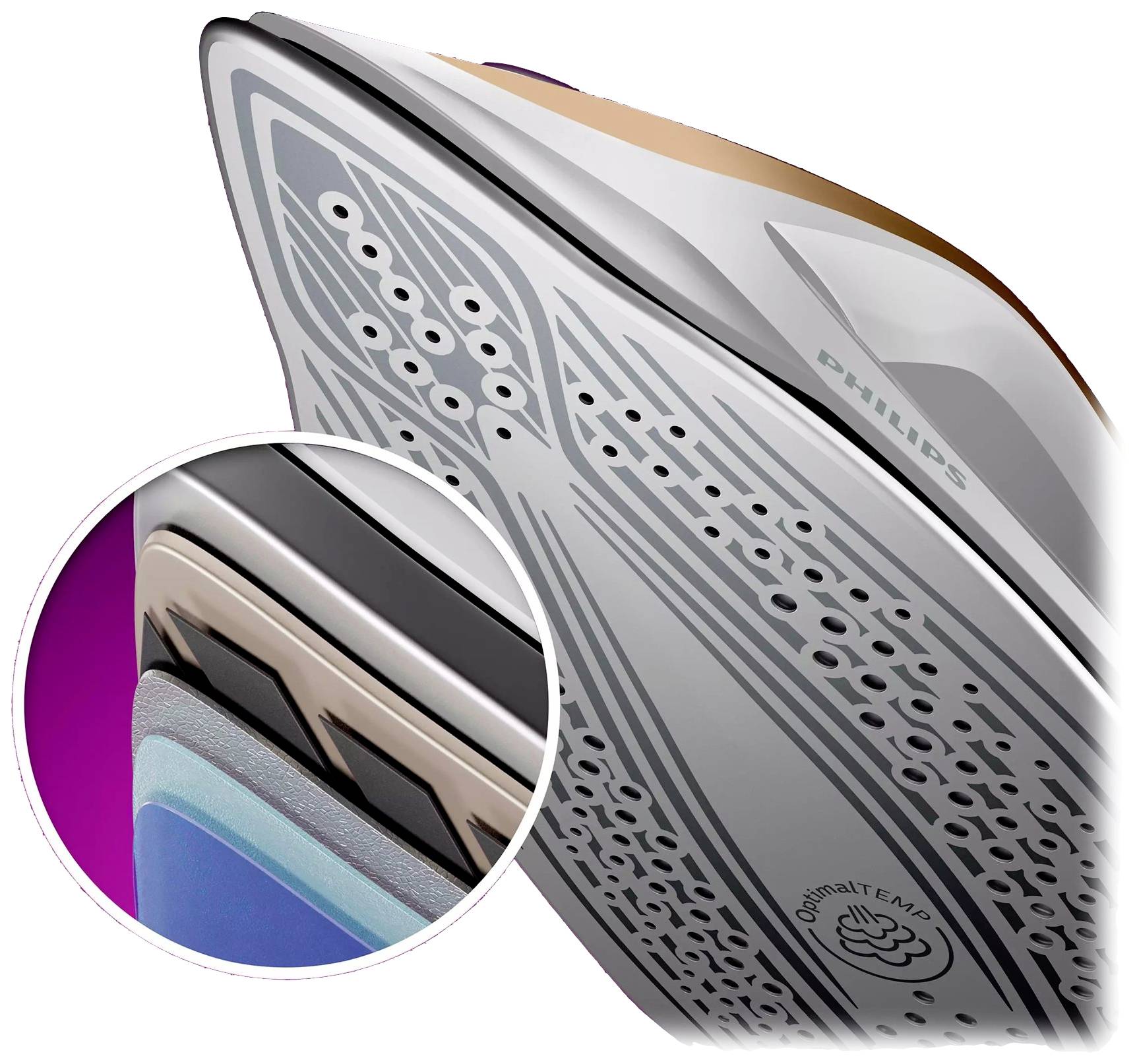 Zdjęcie żelazka Philips z naciskiem na gładką stopę żelazka oraz zbliżenie otworów parowych i powłoki.