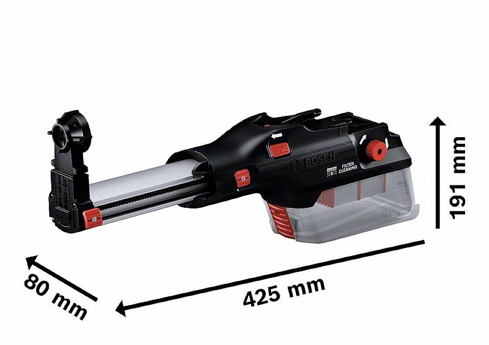 Nasadka odkurzacza w kolorze czarnym z czerwonymi akcentami. Wymiary: 425 mm długości, 191 mm wysokości, 80 mm szerokości. Przeznaczona do usuwania kurzu.
