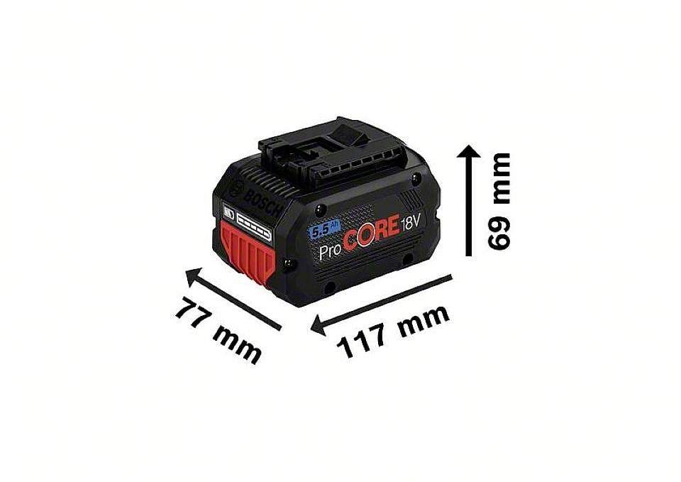 Akumulator do elektronarzędzi o wymiarach 117 mm x 77 mm x 69 mm, w czarnej obudowie z czerwonymi akcentami i oznaczeniem 18V.