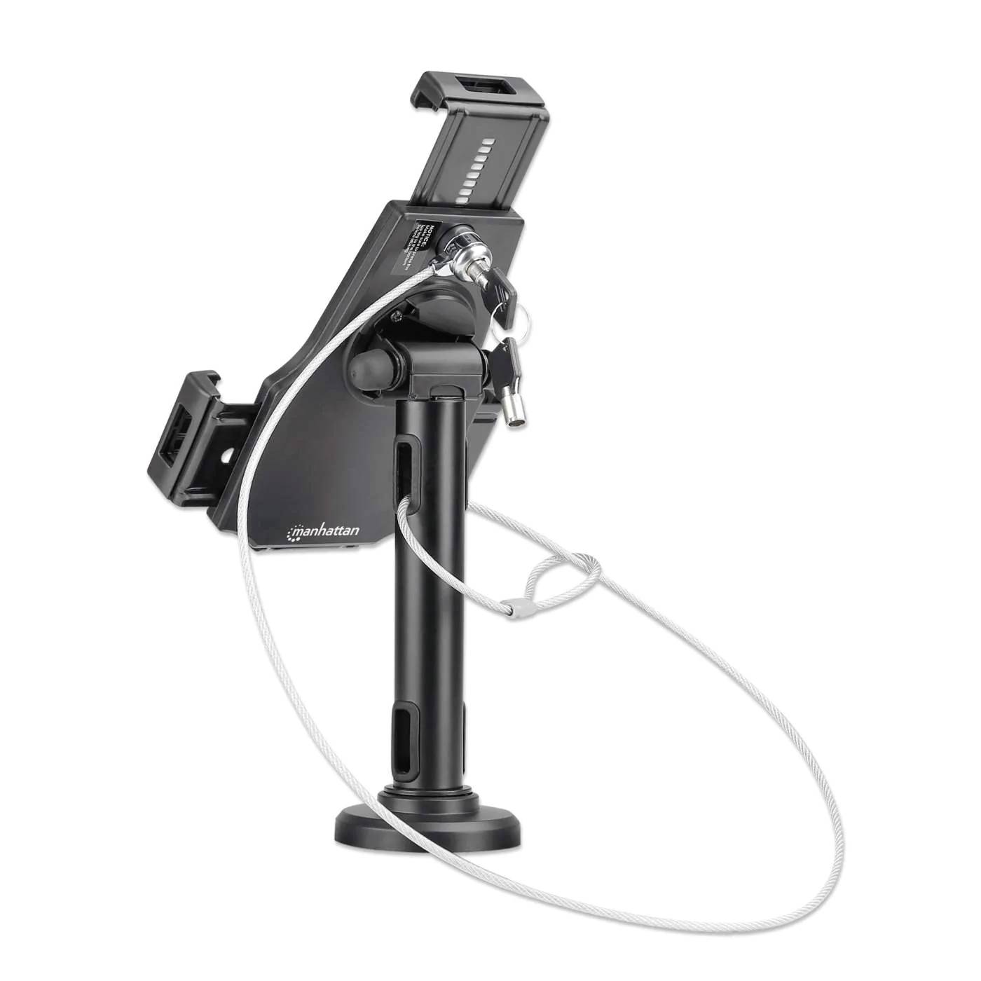 Czarna podstawka do tabletu z linką zabezpieczającą, odpowiednia do prezentacji lub stoisk sprzedażowych. Stabilnie stoi na podstawie.