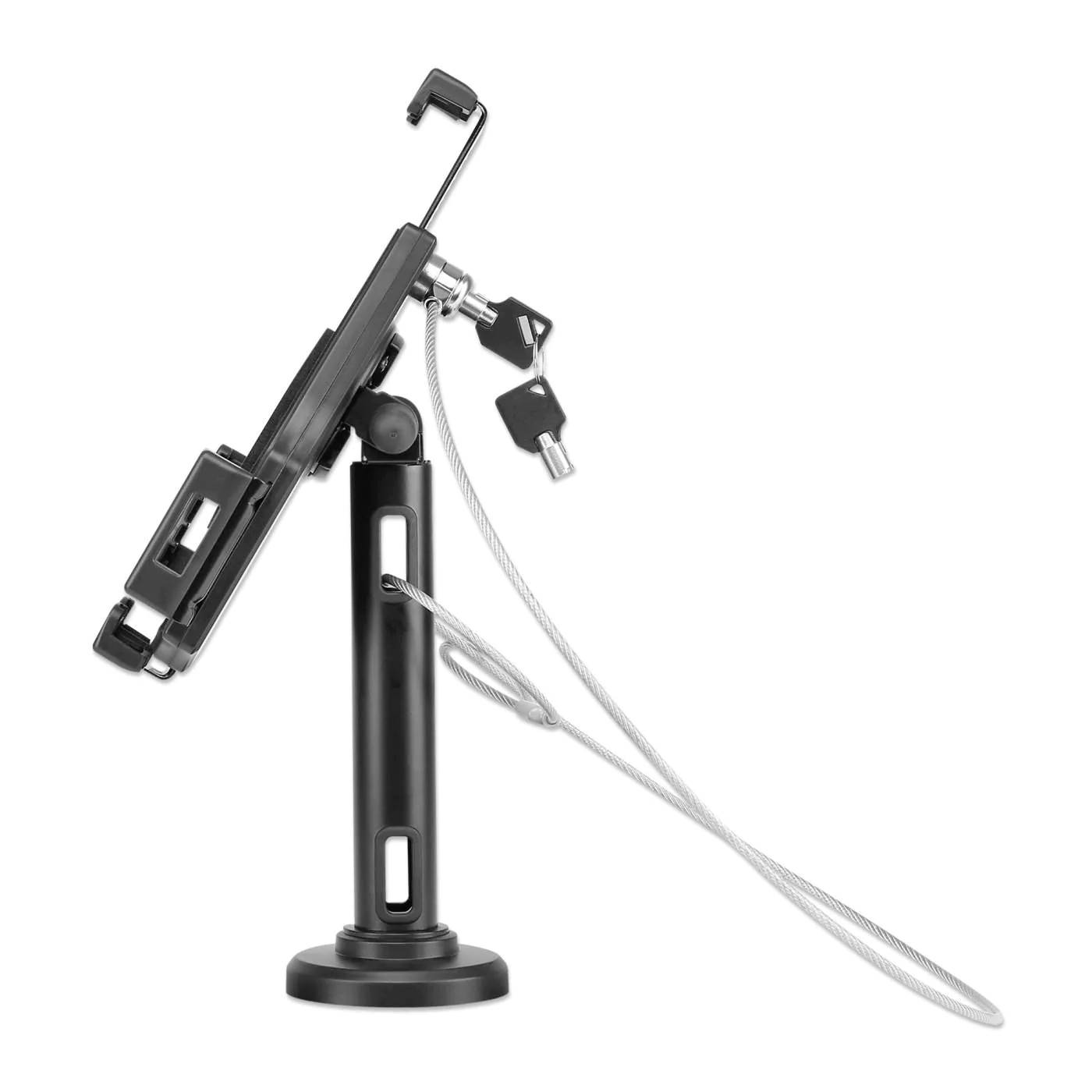 Uchwyt na tablet z zabezpieczeniem antykradzieżowym, przedstawiający widok z boku czarnego stojaka z linką zabezpieczającą i kluczami.