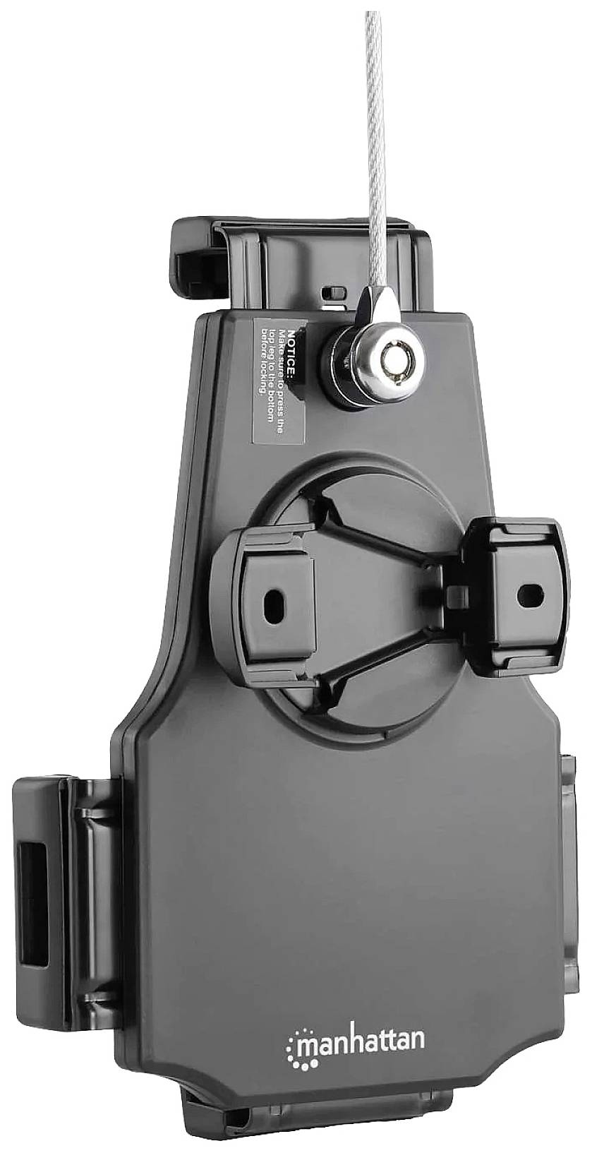 Czarny uchwyt naścienny firmy Manhattan, umożliwiający stabilne mocowanie pionowe dla ekranu telewizora lub monitora, z zabezpieczeniem kabli.