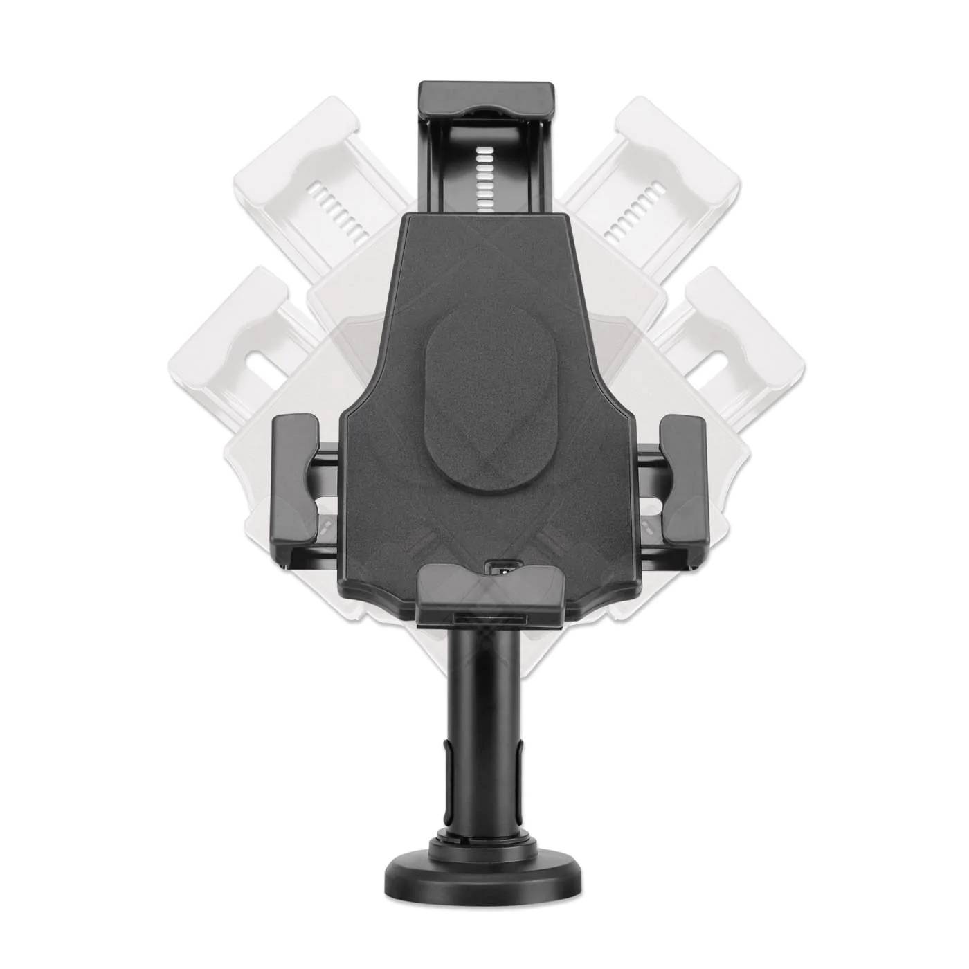 Elastyczny uchwyt do telefonu z regulowanymi ramionami i funkcją obrotową, zamontowany na okrągłej podstawie.