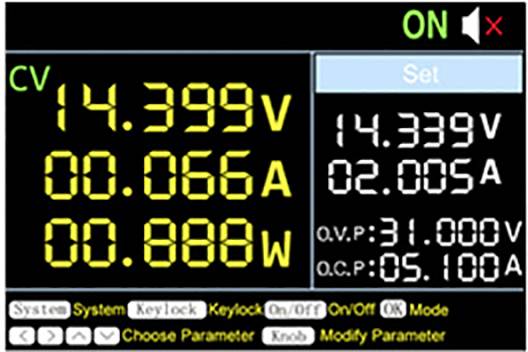 Obraz cyfrowego kontrolera z wyświetlaczem napięcia i natężenia prądu. Pokazuje 14,399V, 00,066A, 00,888W oraz wartości zadane 14,339V, 02,005A.