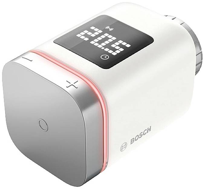 Biały elektroniczny termostat grzejnikowy Bosch z wyświetlaczem cyfrowym wskazujący 20,5 stopni.