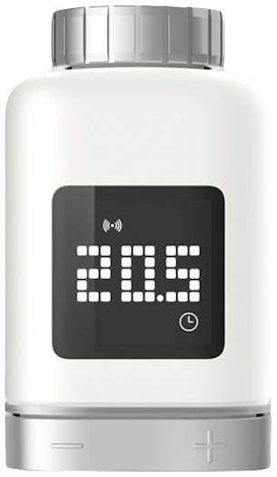 Biały pojemnik z wyświetlaczem cyfrowym pokazuje '20.5'. Wyświetlacz posiada symbole Wi-Fi i godziny. Na dole znajdują się znaki plus i minus.