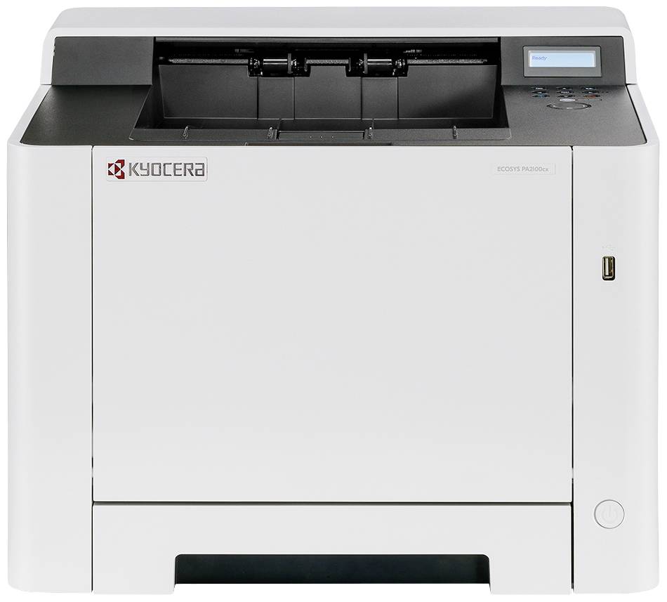 Biały drukarka Kyocera stoi na stole, gotowa do drukowania.