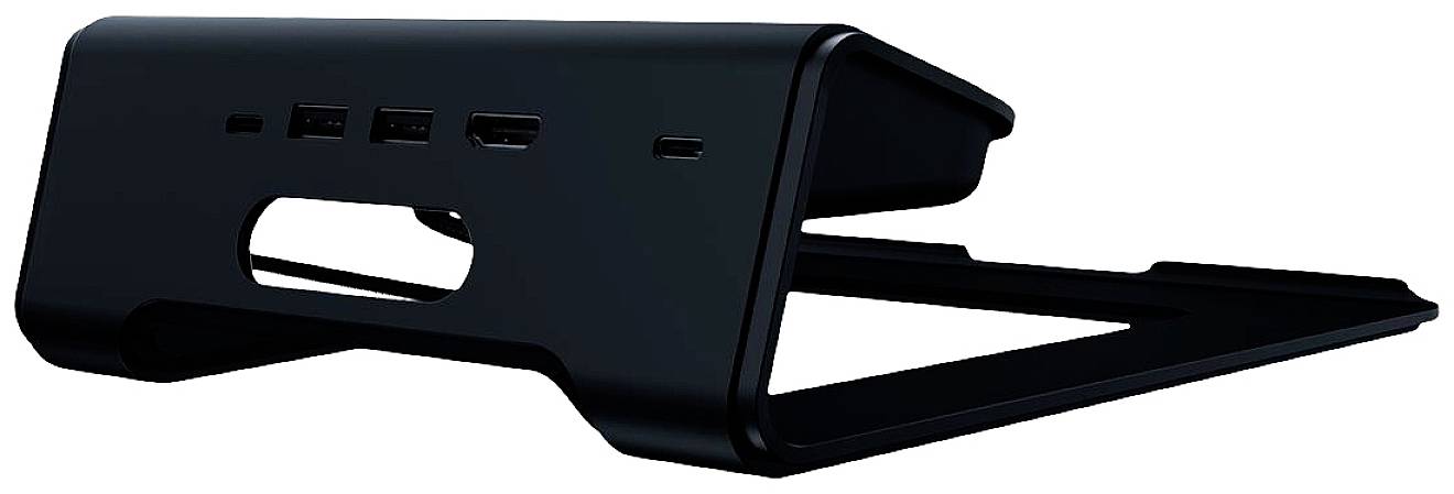 Czarny stojak na laptopa z portami USB z przodu. Stojak jest lekko pochylony, aby podnieść laptopa.