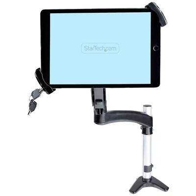 Tablet jest zamocowany w czarnym uchwycie, który jest zamontowany na stojaku z regulacją wysokości. Na ekranie widnieje napis 'StarTech.com'.