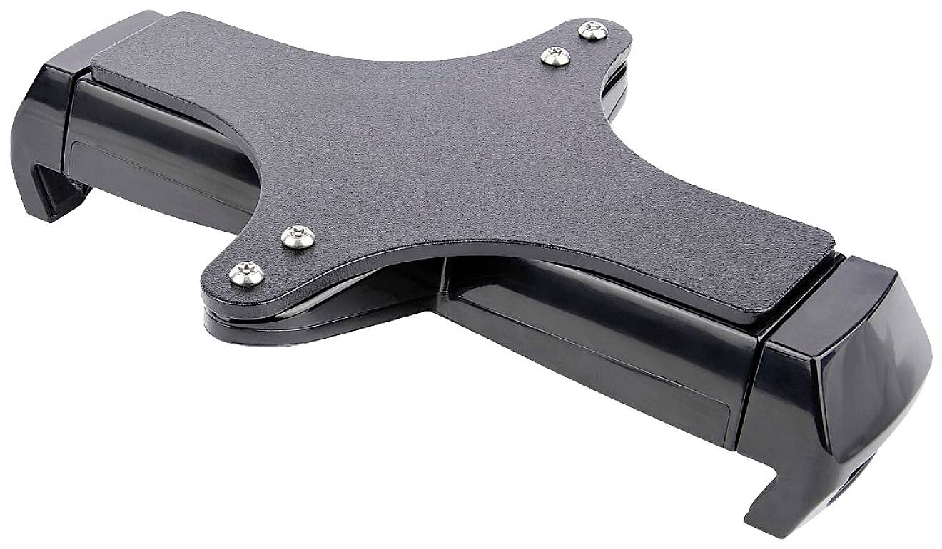 Czarny, regulowany uchwyt na tablet w kształcie litery X, przeznaczony do mocowania na zagłówkach foteli samochodowych.