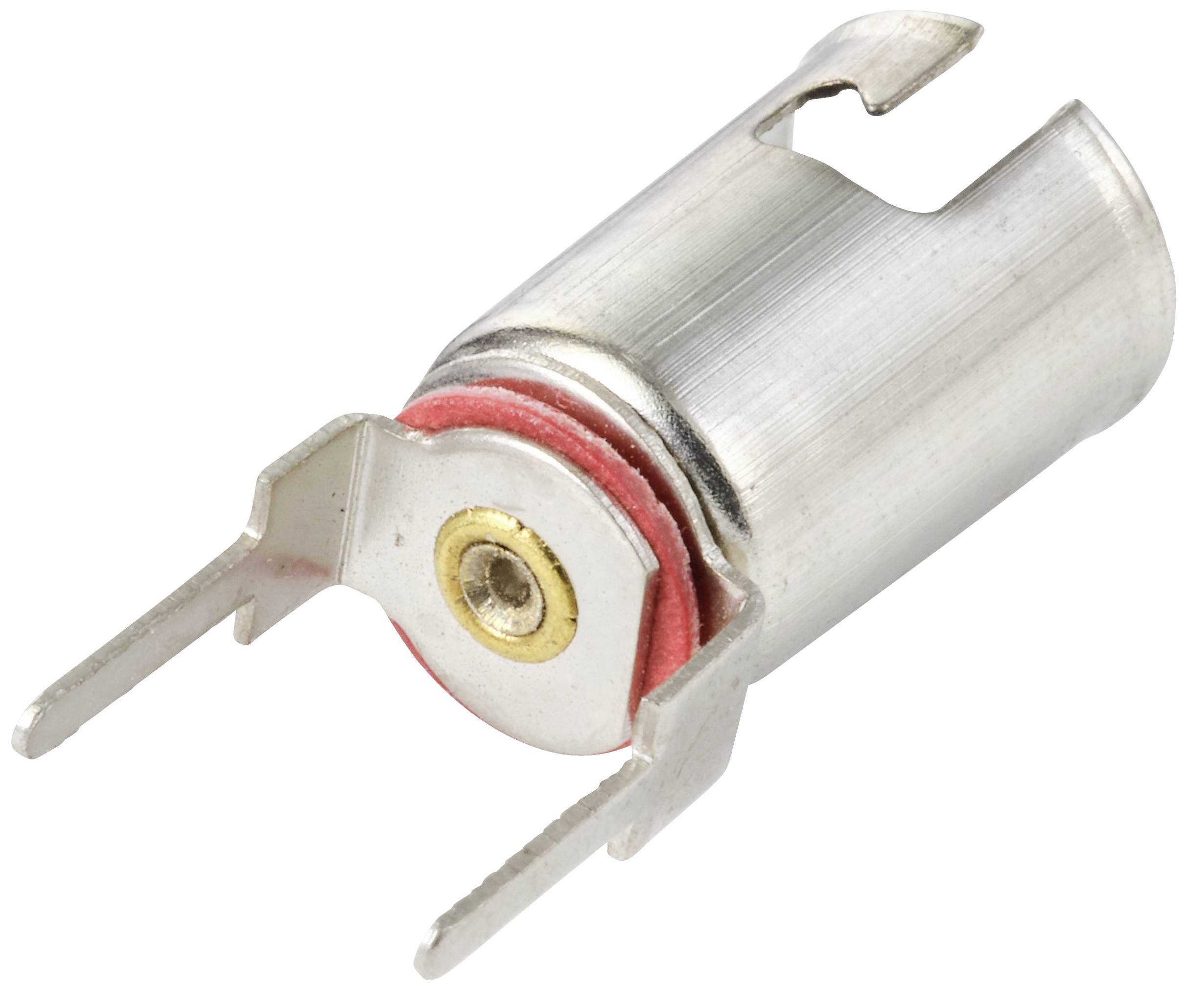 Metalowy klips do baterii z dwoma stykami i czerwonym pierścieniem uszczelniającym, przeznaczony do mocowania baterii w urządzeniach elektronicznych.