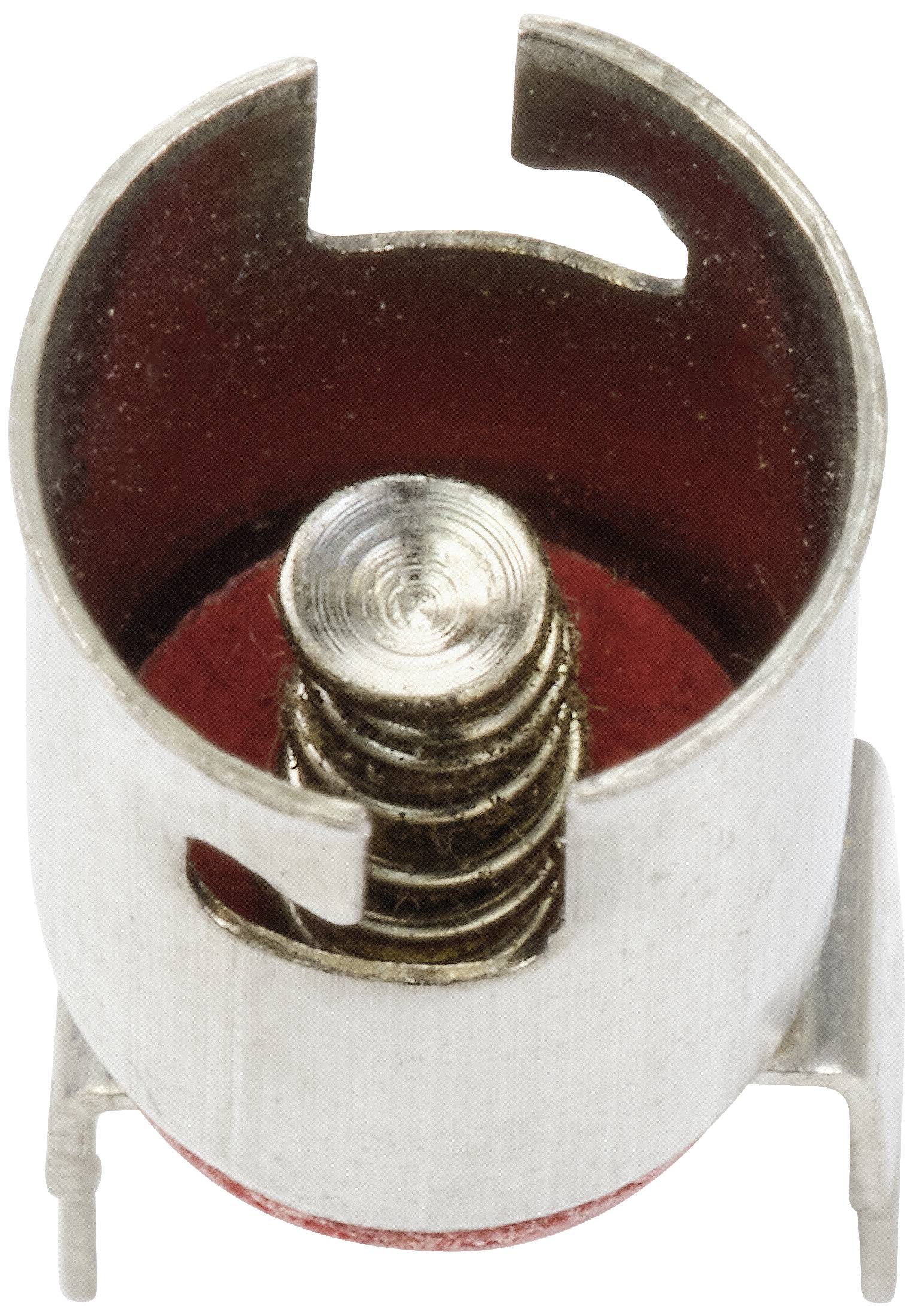 Element metalowy z mechanizmem sprężynowym, prawdopodobnie elektryczny styk lub wtyczka, izolowany na białym tle.