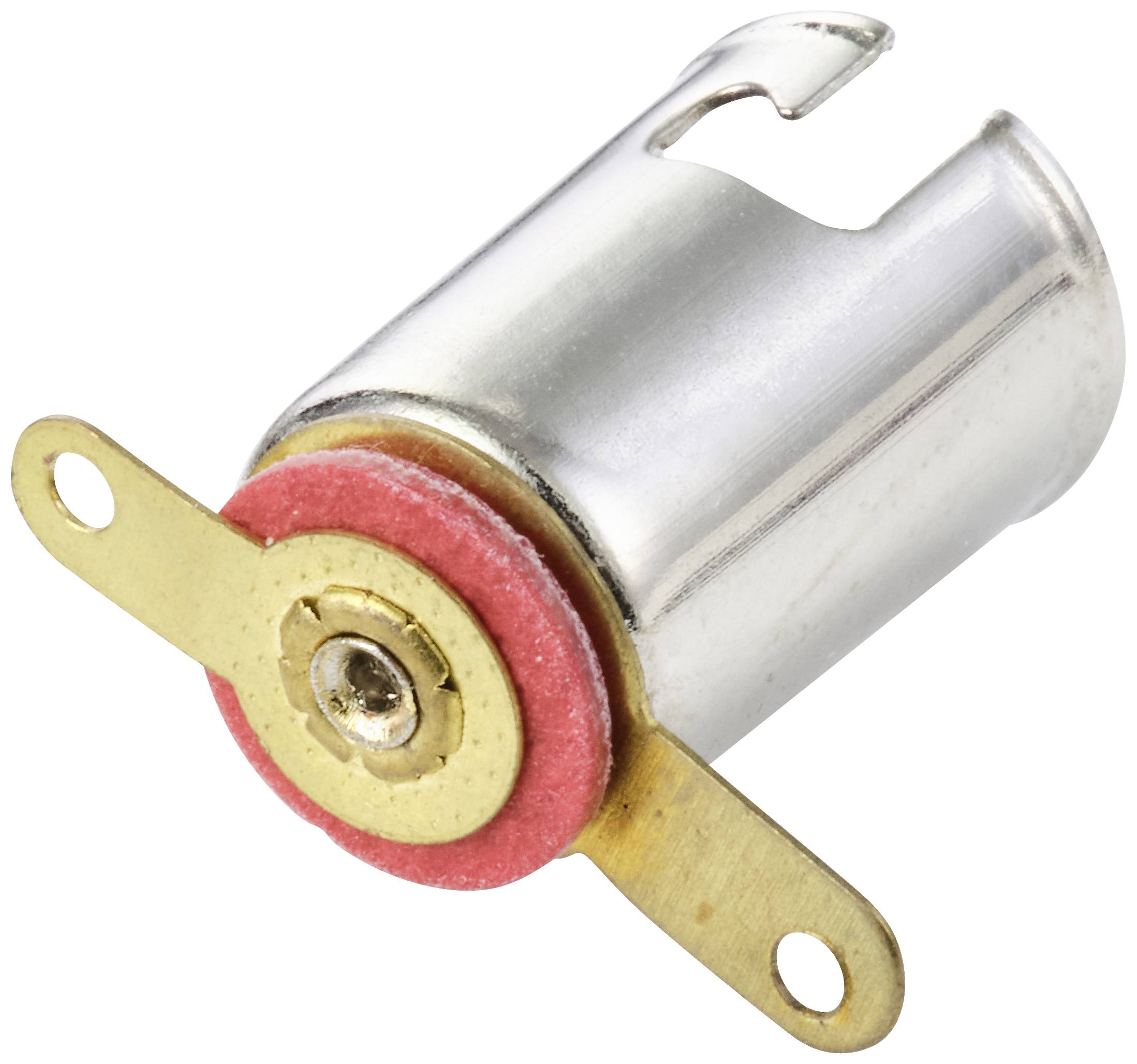 Mały silnik elektryczny z metalową obudową i dwoma uchwytami mocującymi, odpowiedni do zastosowań takich jak zabawki lub małe urządzenia.