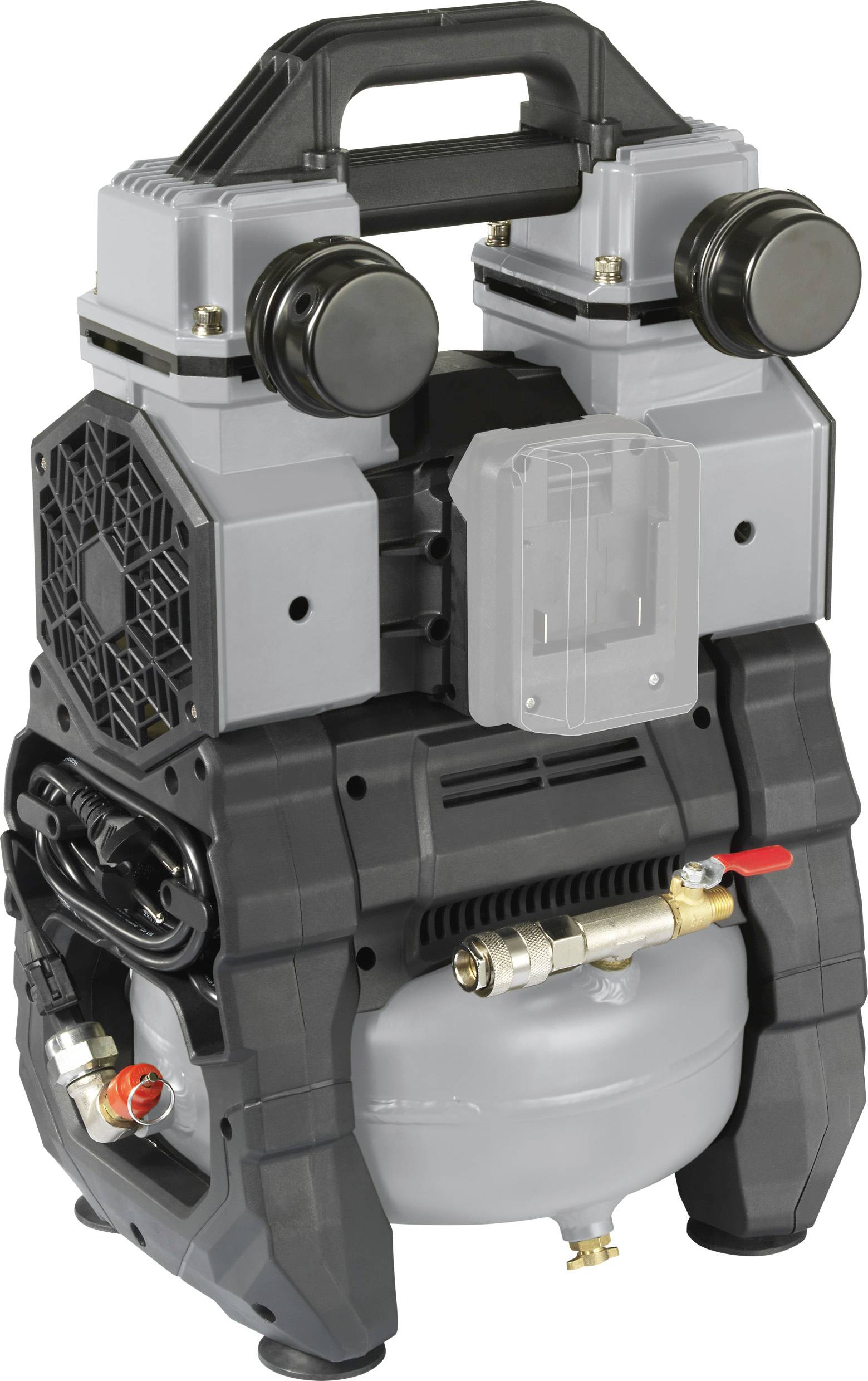 Szary, przenośny kompresor powietrza z czarną rączką. Na przedniej stronie widoczne dwa cylindry i manometr ciśnienia. Odpowiedni do użytku na budowie.