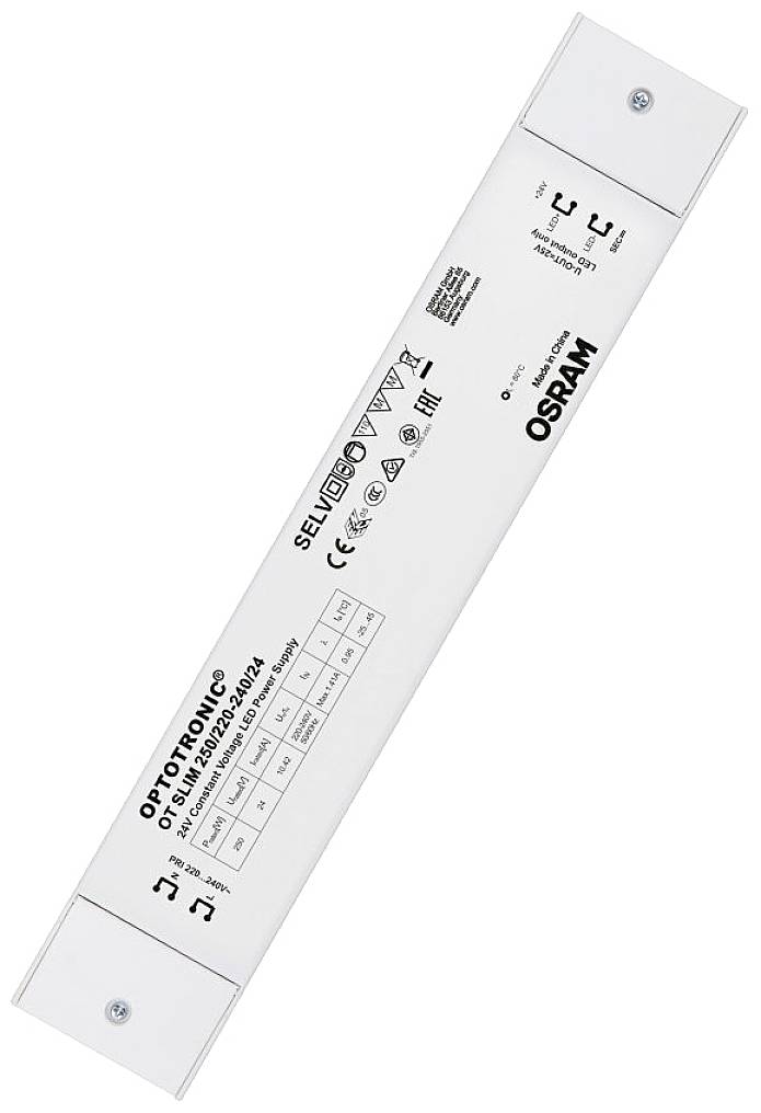 Prostokątne elektroniczne urządzenie zapłonowe firmy Osram, model 'OPTOTRONIC', z technicznym oznakowaniem i szczegółami podłączenia na przedniej stronie.