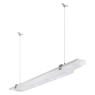 Wisząca lampa LED w kształcie prostokąta z przewodami do zawieszenia. Odpowiednia do pomieszczeń biurowych lub warsztatów.