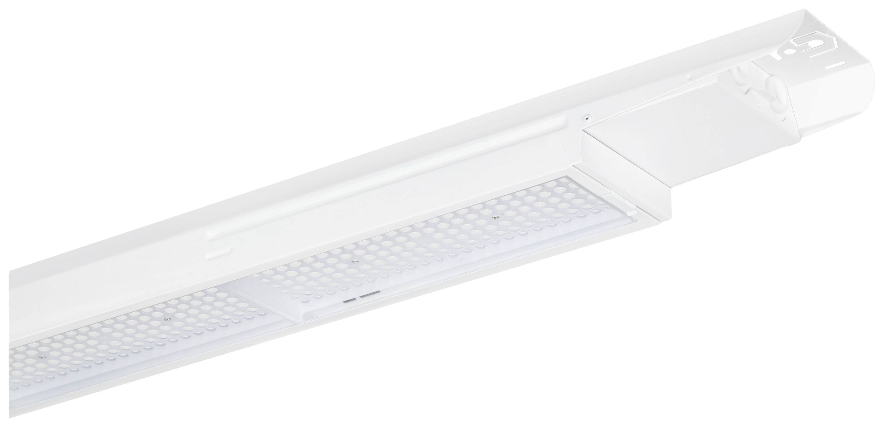 Biały panel oświetleniowy LED w podłużnym kształcie, przeznaczony do sufitowego oświetlenia biurowego. Minimalistyczny design, wysoka efektywność energetyczna.