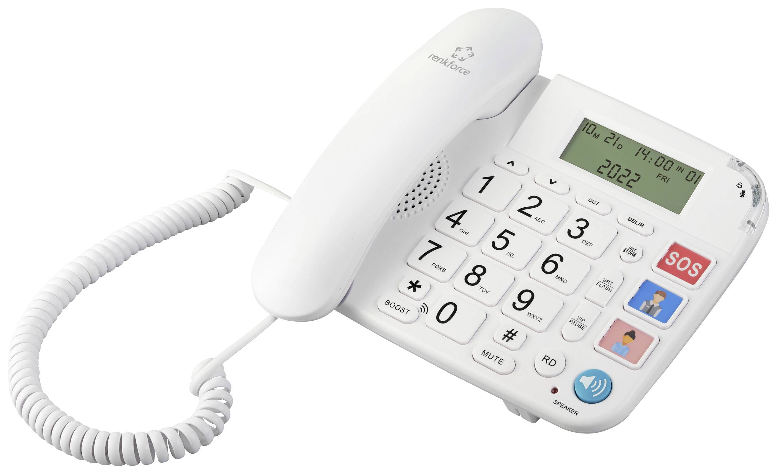 Biały telefon stacjonarny z dużymi przyciskami, wyświetlaczem i przyciskiem SOS. Odpowiedni dla osób starszych z problemami wzroku lub słuchu.