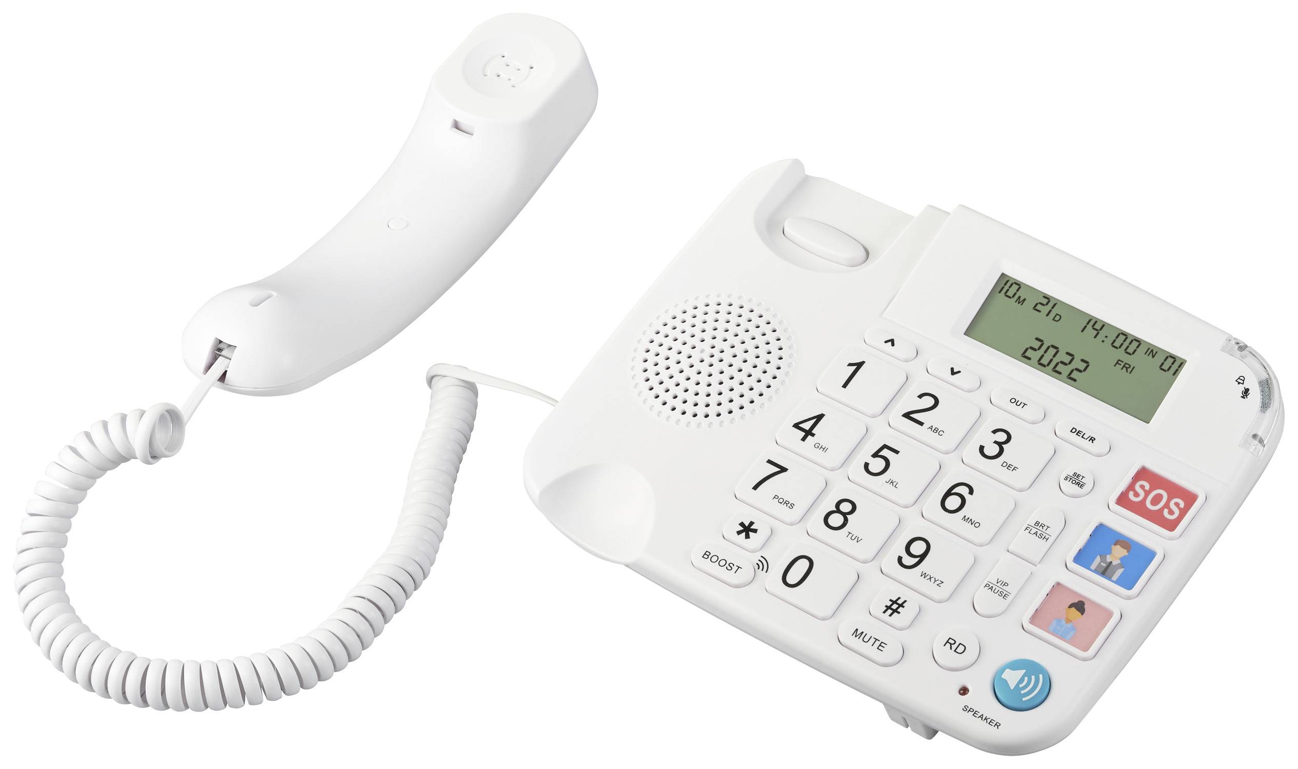 Białny telefon stacjonarny z dużymi przyciskami, wyświetlaczem i przyciskiem SOS do wzywania pomocy, przeznaczony dla seniorów lub osób z niepełnosprawnością wzrokową.