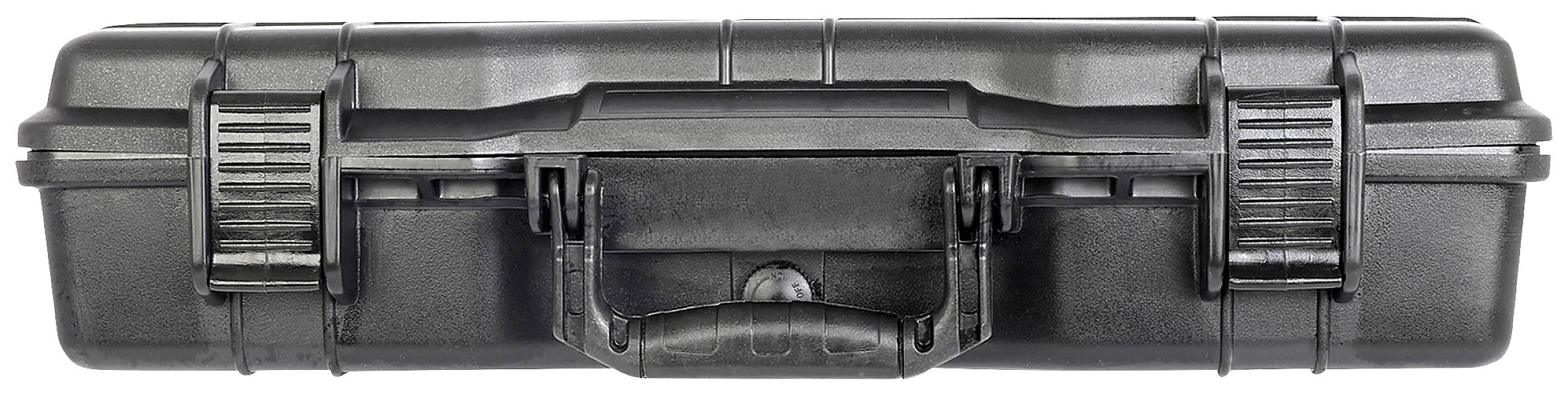 Czarny, wytrzymały kufer ochronny z zatrzaskami i uchwytem do przenoszenia, idealny do bezpiecznego transportu delikatnego sprzętu.