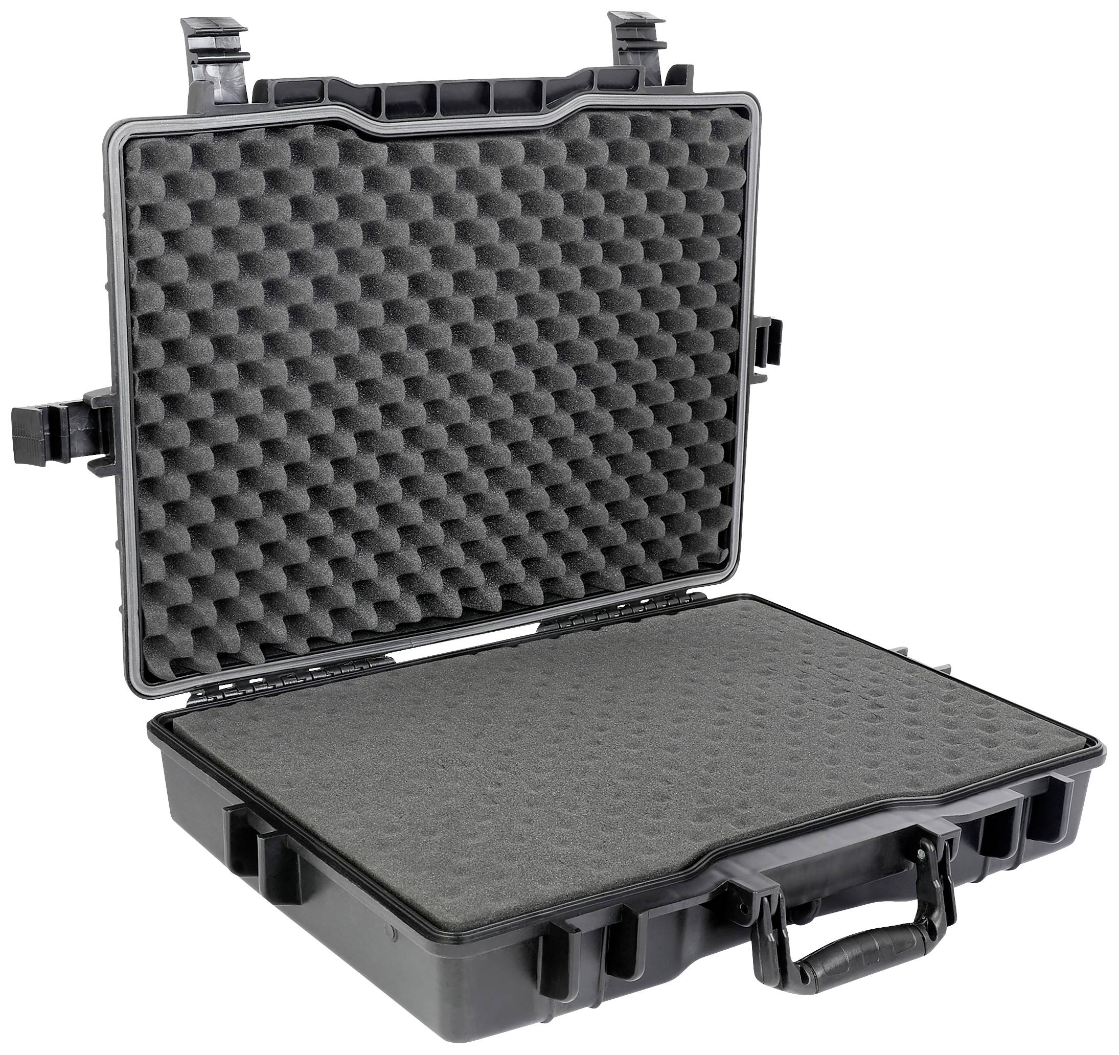 Otwarty, pusty czarny twardy kufer z wyściółką piankową, odpowiedni do bezpiecznego transportu delikatnych przedmiotów.