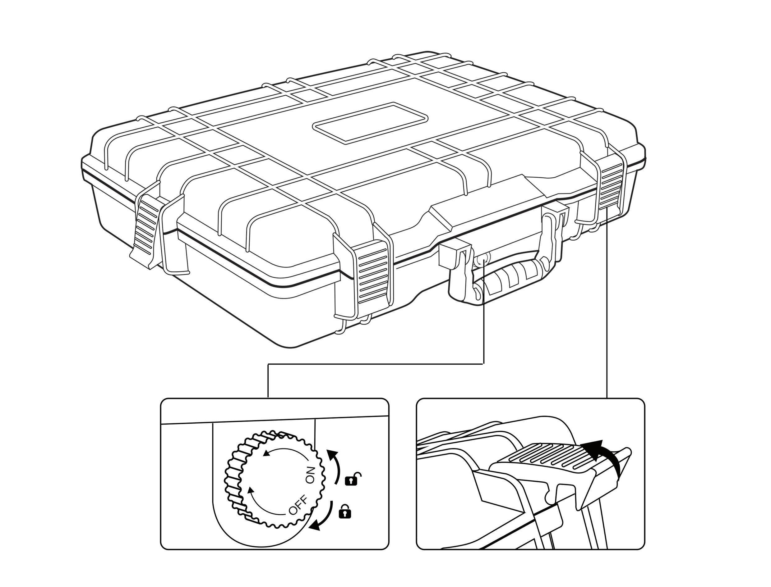 Obraz przedstawia zamknięty kufer transportowy z uchwytem. Wycinek ukazuje szczegóły zamka obrotowego wraz z instrukcjami dotyczącymi jego otwierania.