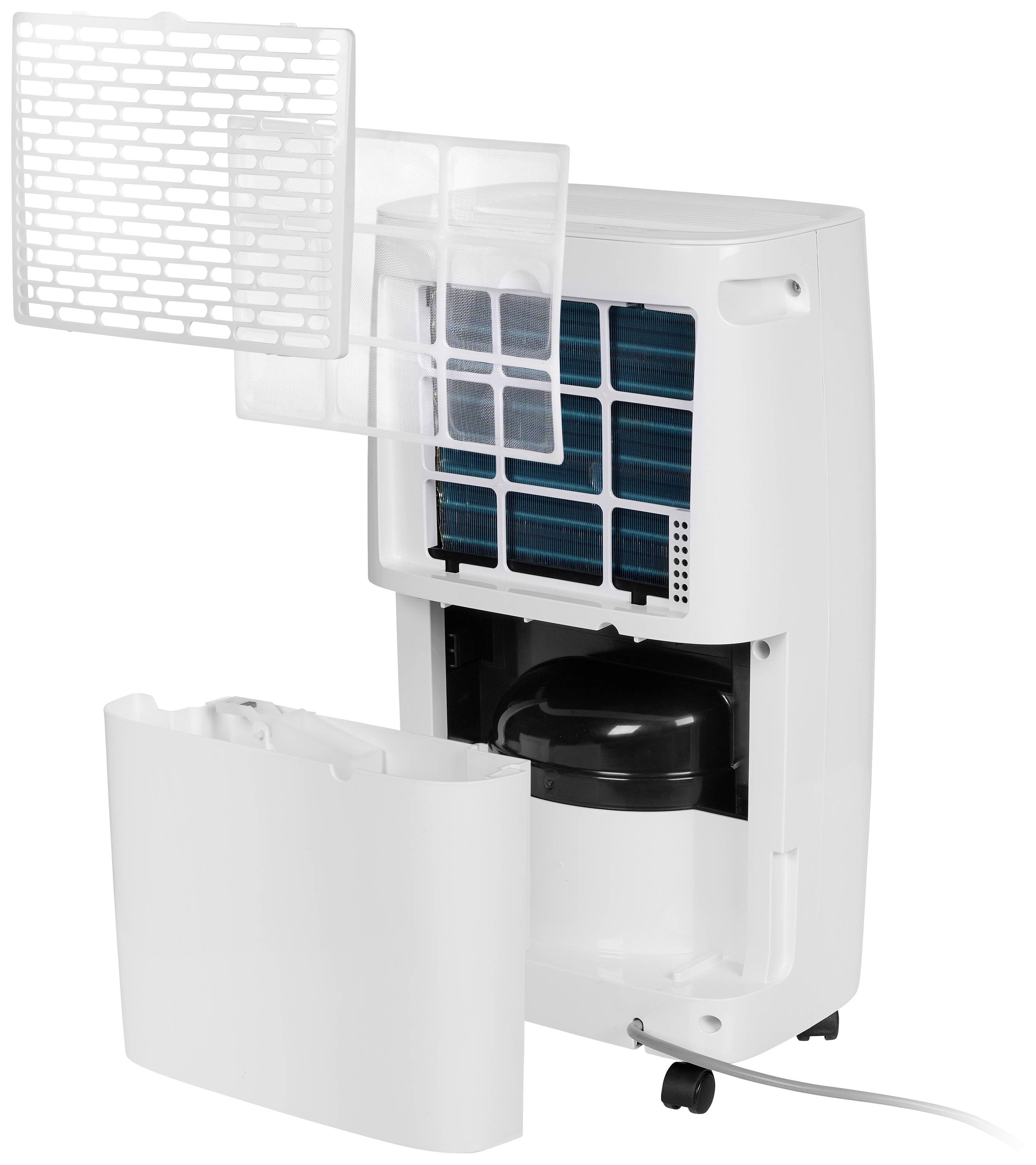 Biały osuszacz powietrza widziany od tyłu, z otwartym zbiornikiem na wodę i zdemontowanym filtrem, prezentuje swoje wnętrze do celów konserwacyjnych.