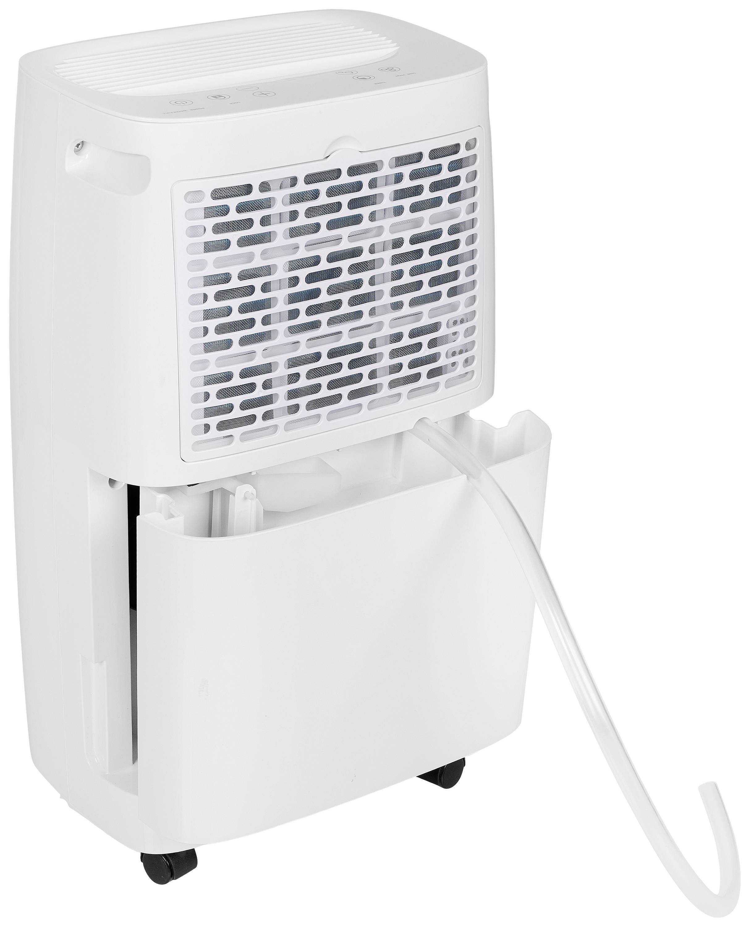 Biały osuszacz powietrza z wyjmowanym zbiornikiem na wodę i wężem spustowym. Urządzenie zamontowane jest na kółkach.