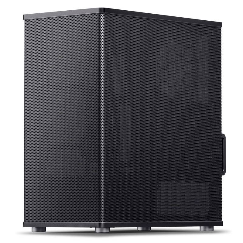 Czarna obudowa komputera o designie siatki, prostokątna i minimalistyczna, pozbawiona widocznych złączy lub logotypów.