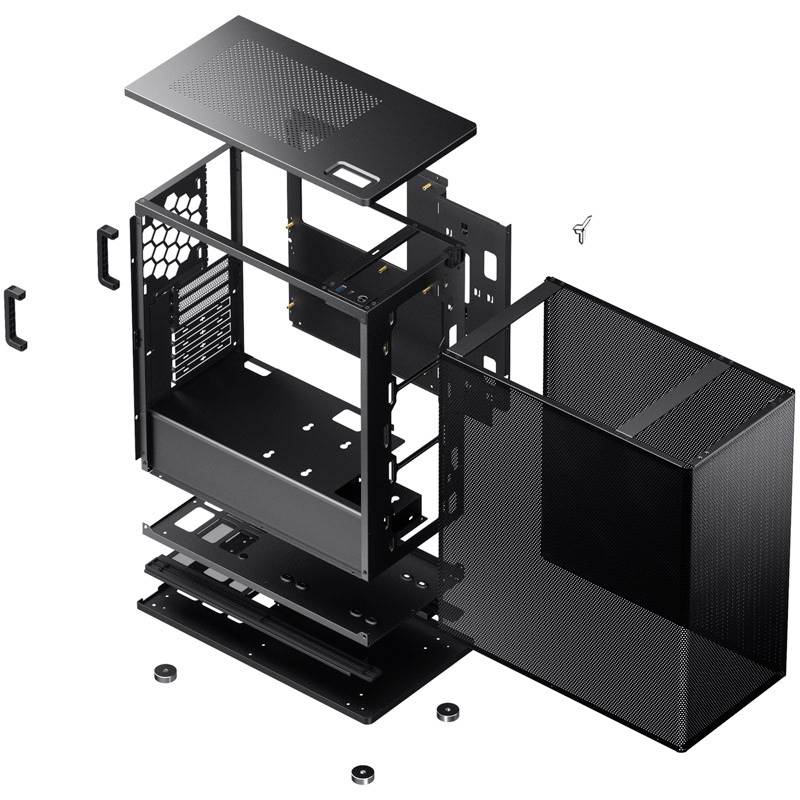 Widok rozłożony obudowy komputera z odkręconymi bocznymi panelami i widocznymi elementami wewnętrznymi. Elementy montażowe ułożone są obok.