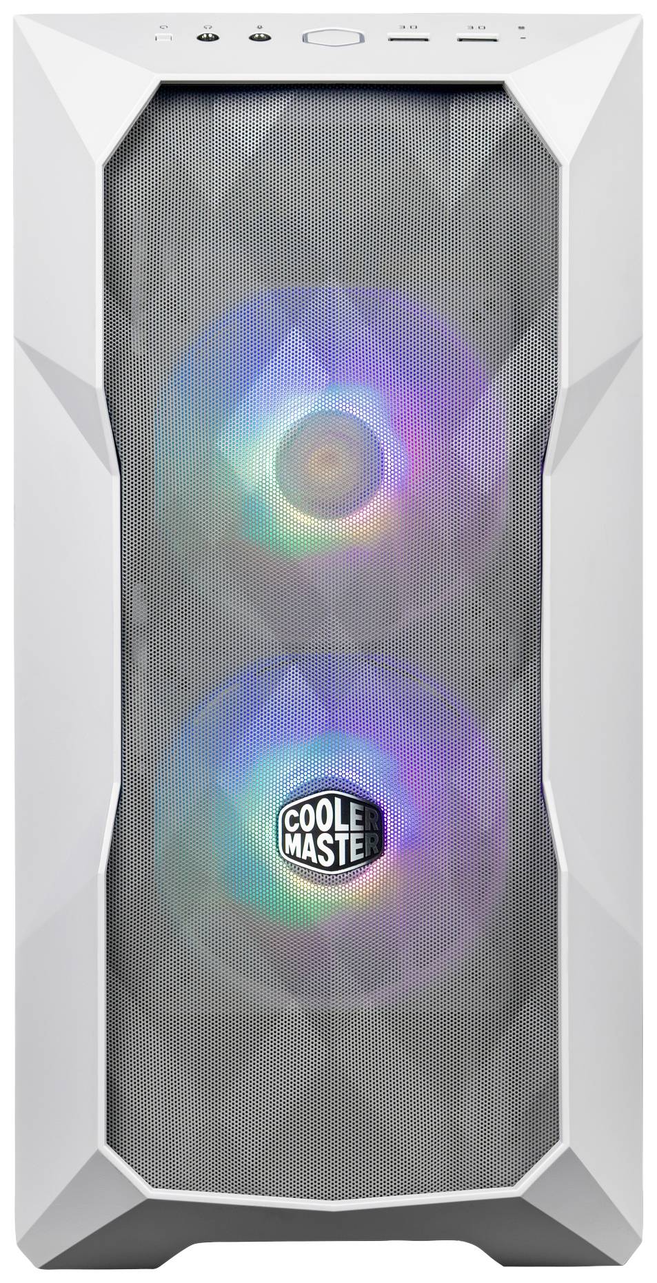 Białe obudowa komputerowa z dwoma dużymi, kolorowymi wentylatorami. Logo 'Cooler Master' jest widoczne.