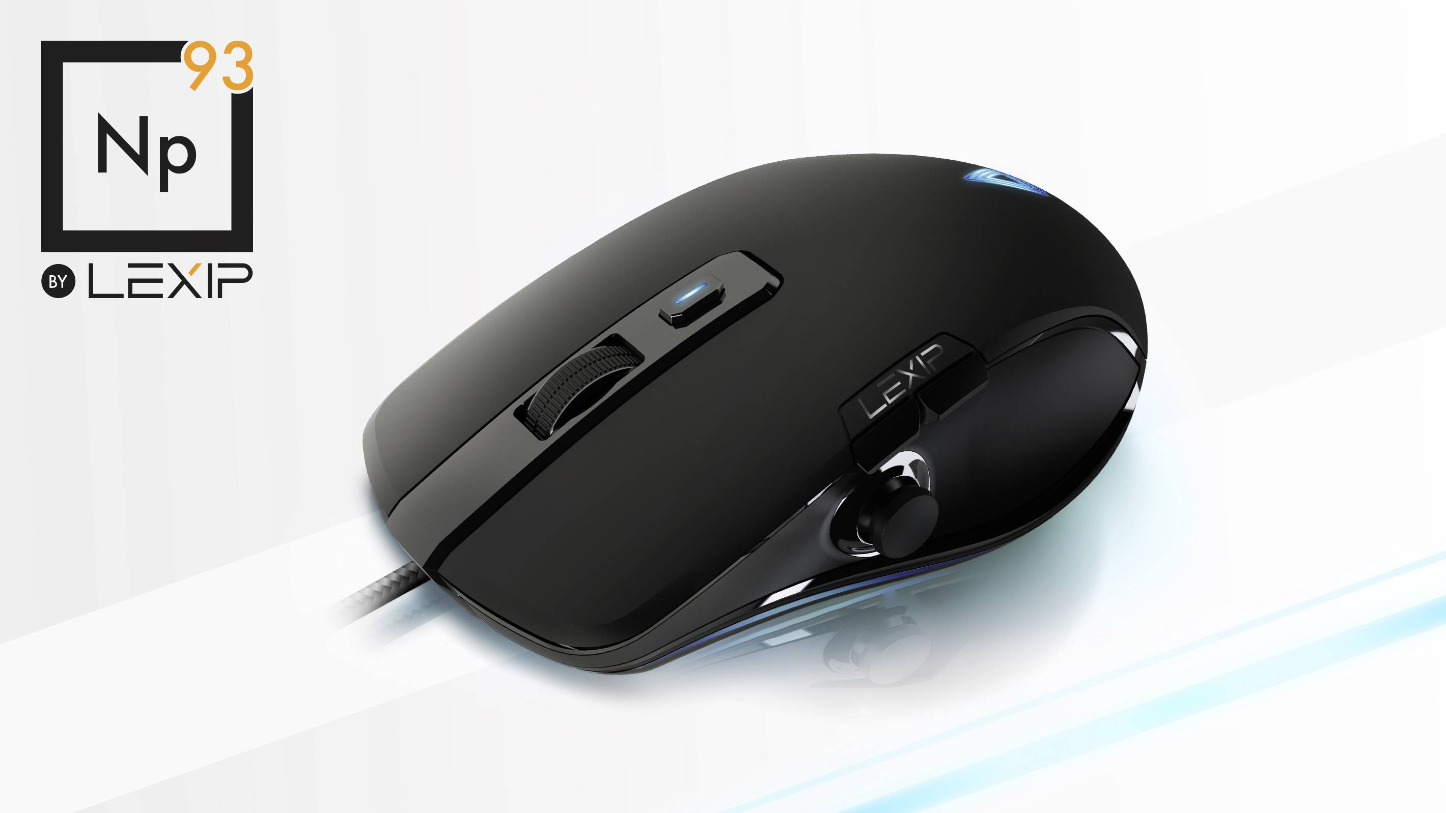 Czarna mysz gamingowa firmy Lexip z dodatkowym joystickiem po boku, sfotografowana na białym tle z delikatnym efektem świetlnym.