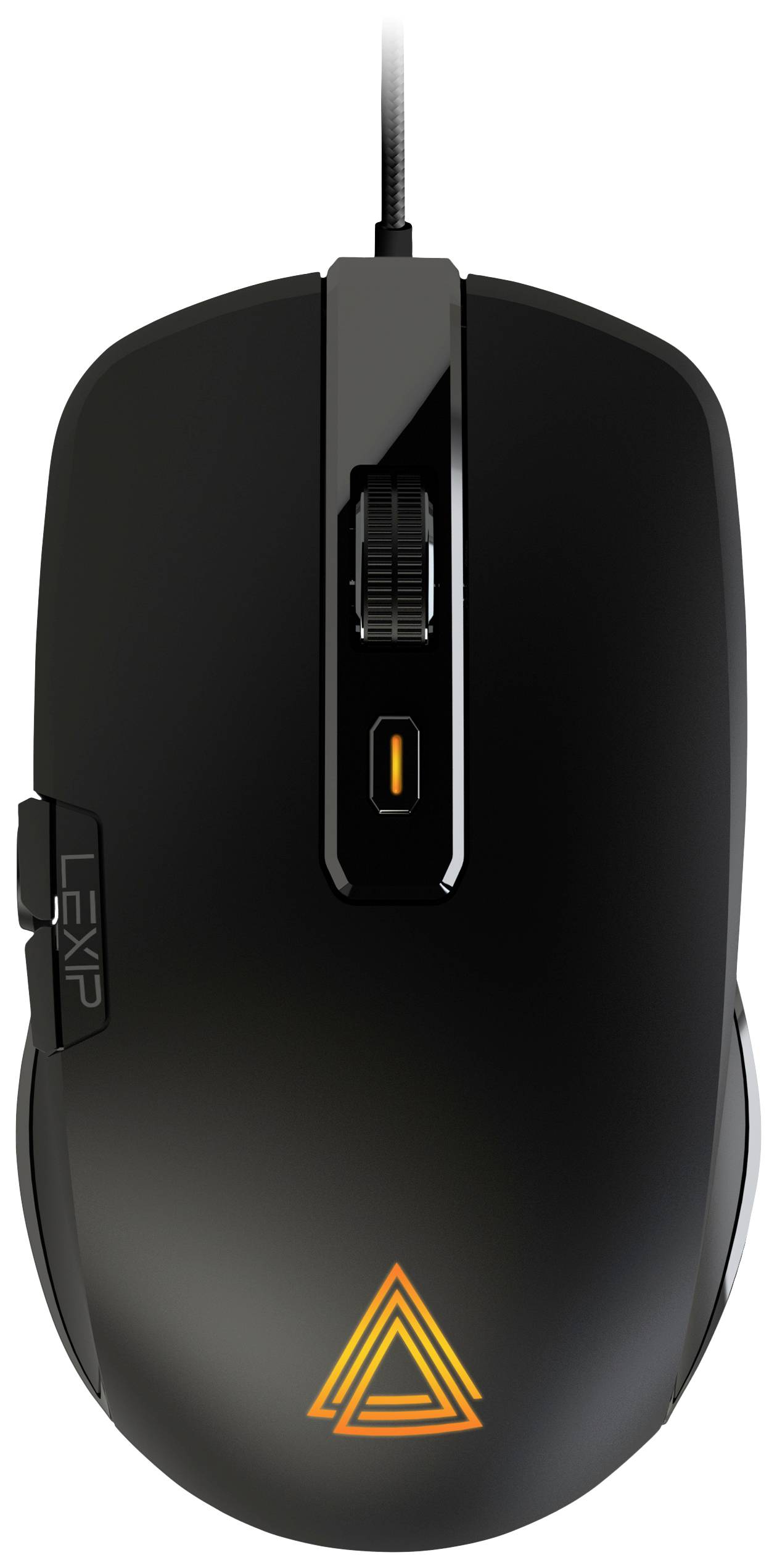 Czarna mysz gamingowa z przewodem, podświetlanym kółkiem przewijania i świecącym wzorem trójkątnym. Zaprojektowana z myślą o precyzyjnym sterowaniu i komforcie.