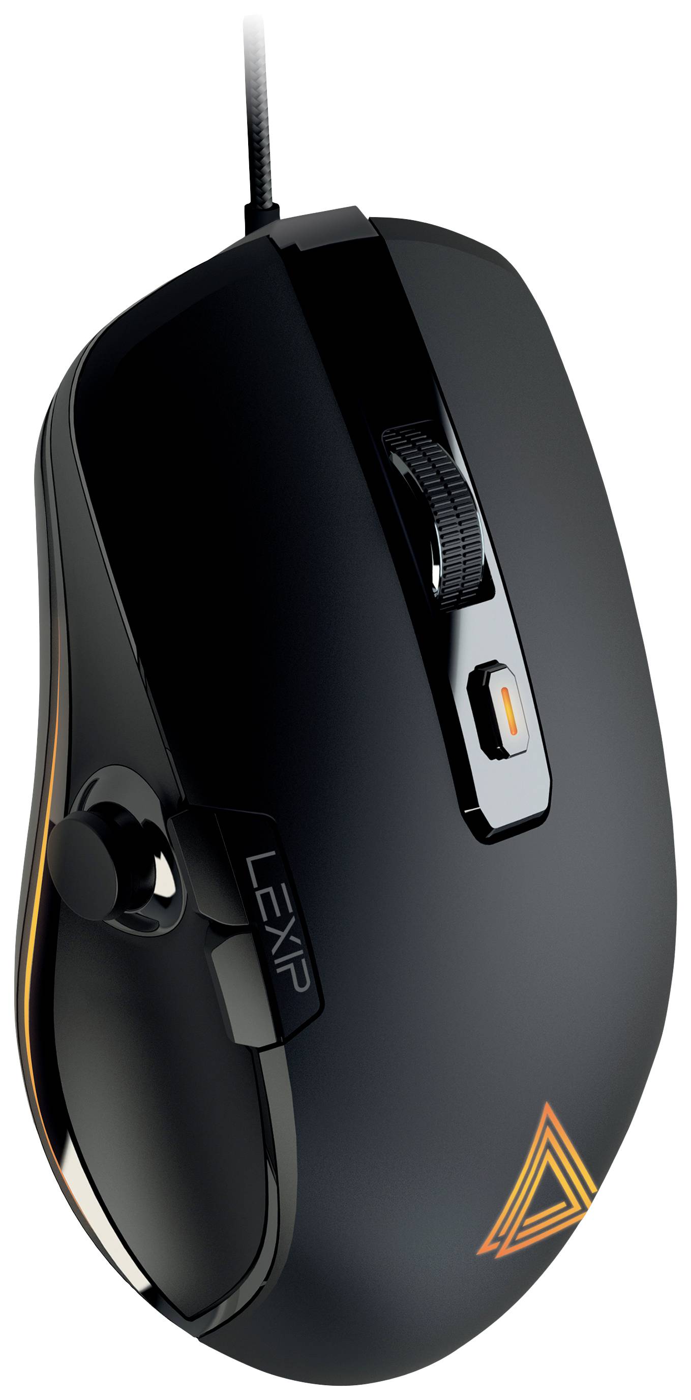 Czarna mysz komputerowa z podświetlonym logo po boku. Ergonomiczny design z rolką przewijania i dwoma głównymi przyciskami na górze.