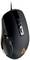 Czarna mysz komputerowa z podświetlonym logo po boku. Ergonomiczny design z rolką przewijania i dwoma głównymi przyciskami na górze.