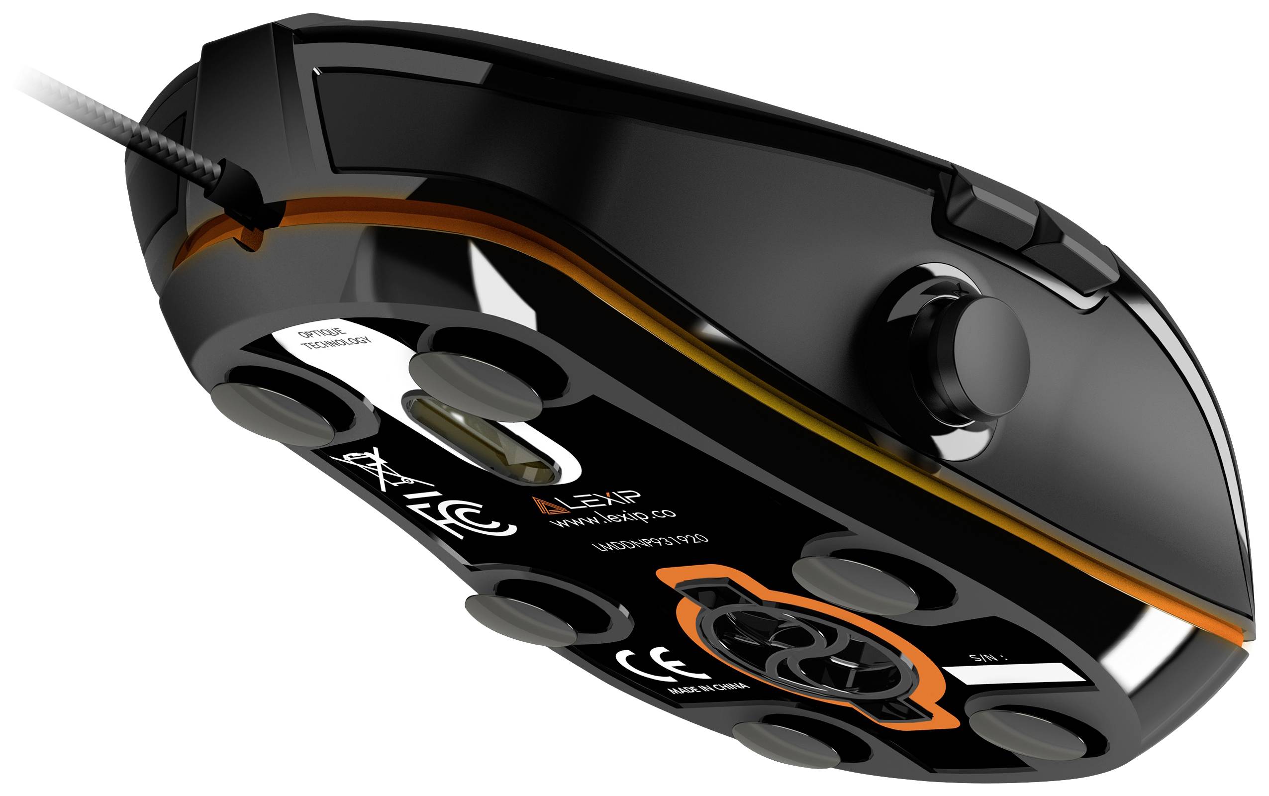 Czarna mysz gamingowa z kilkoma okrągłymi obciążnikami na spodzie, przewodem i przyciskiem pod kciuk jest przedstawiona na zdjęciu.