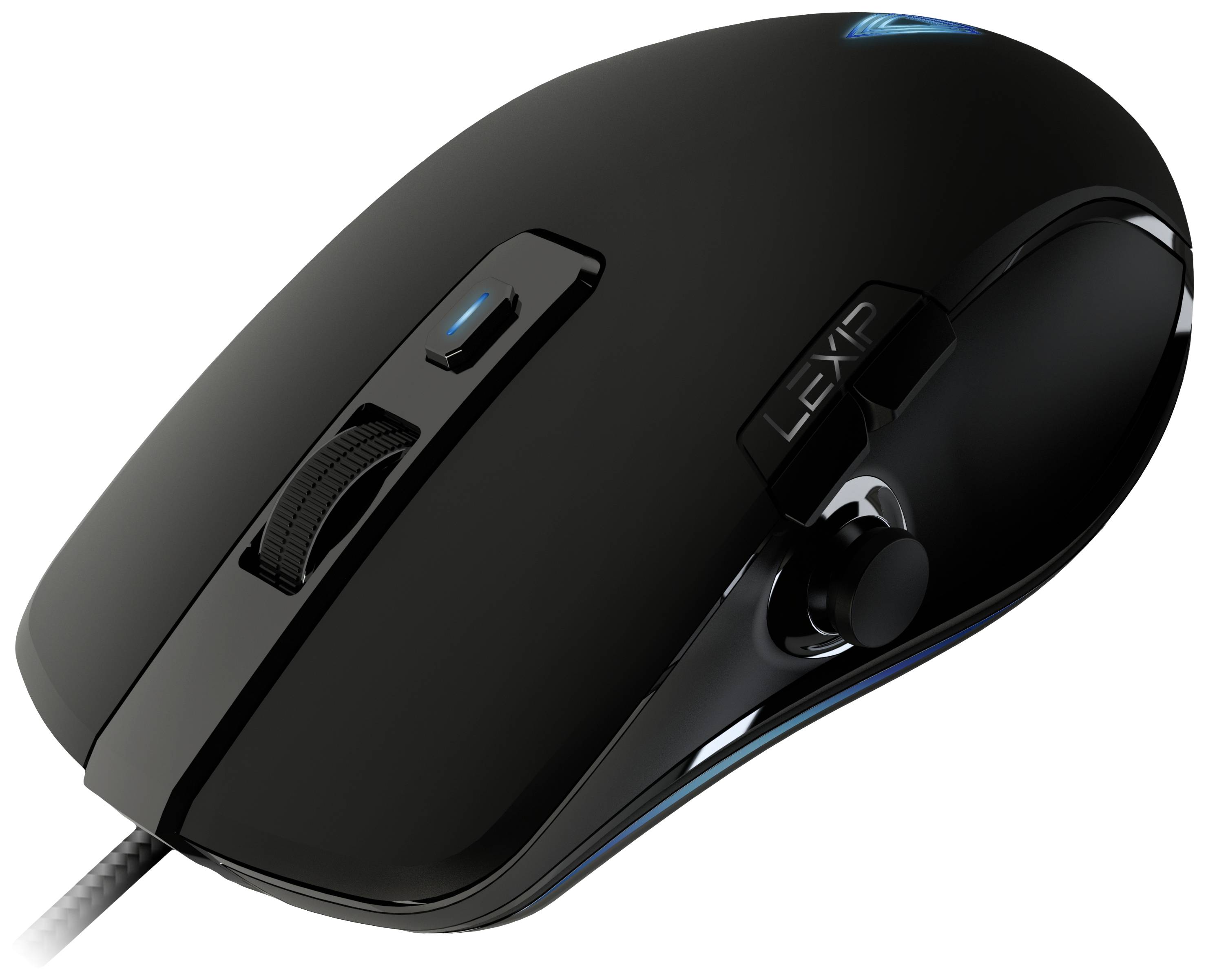 Czarna mysz komputerowa z wieloma przyciskami i rolką przewijania, odpowiednia do gier lub zastosowań biurowych.